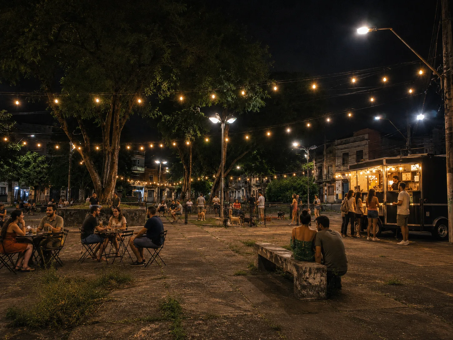 O mesmo largo à noite, vivo e iluminado com trailer, luzes e gente nas mesas