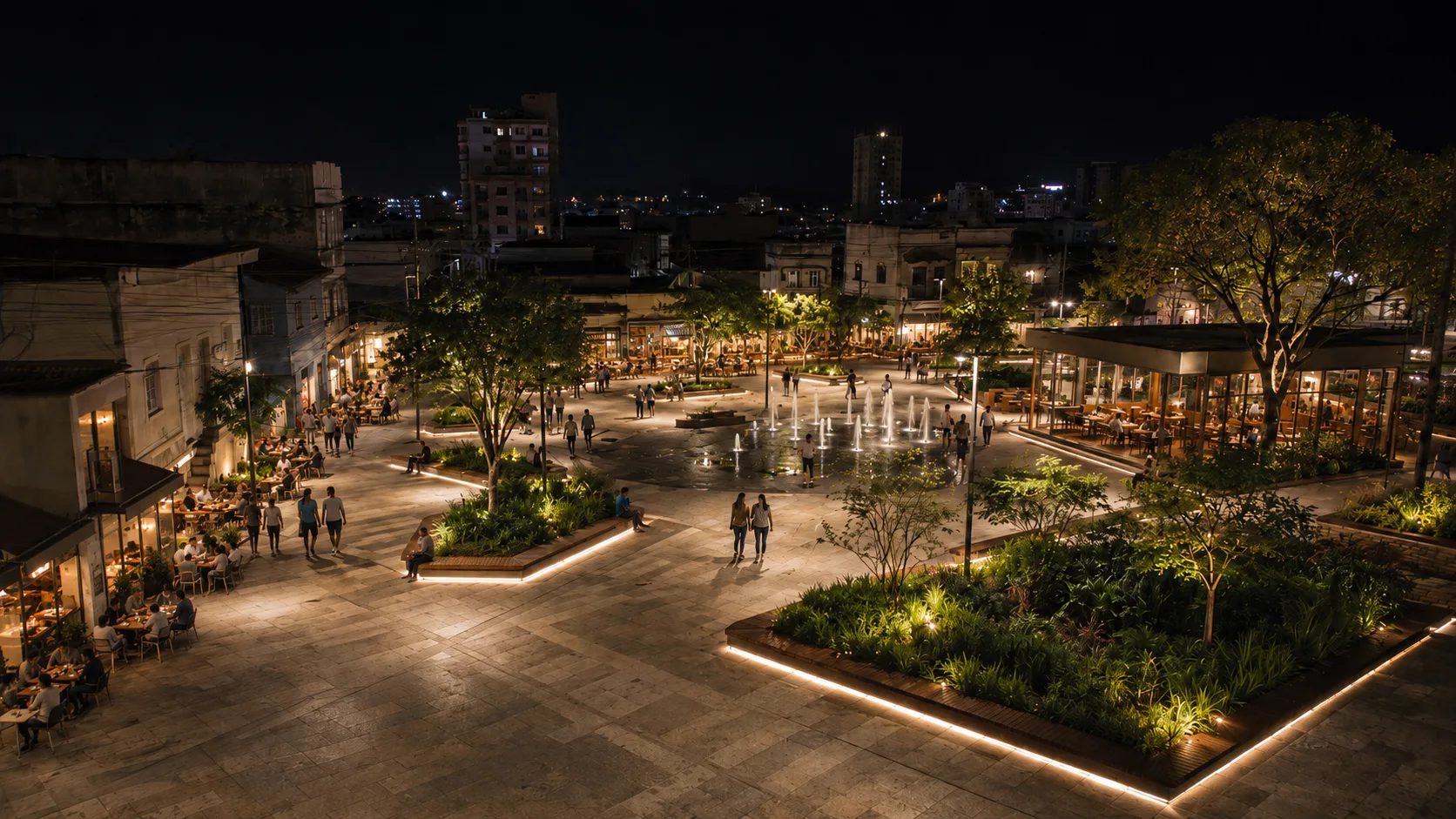 A mesma praça requalificada à noite, com fontes, paisagismo iluminado, cafés e gente caminhando