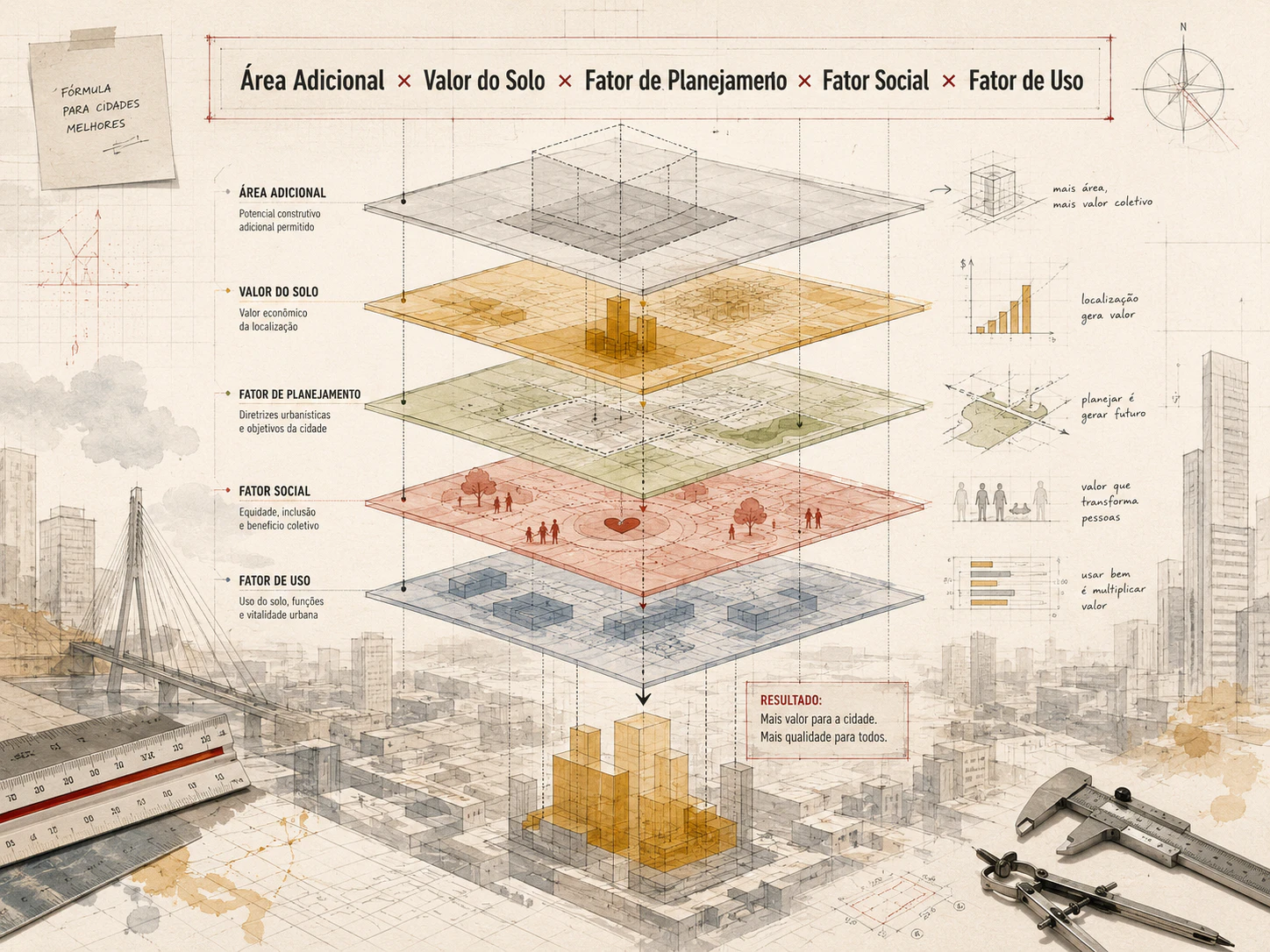 The Onerous Concession formula: Additional Area × Land Value × Planning Factor × Social Factor × Use Factor