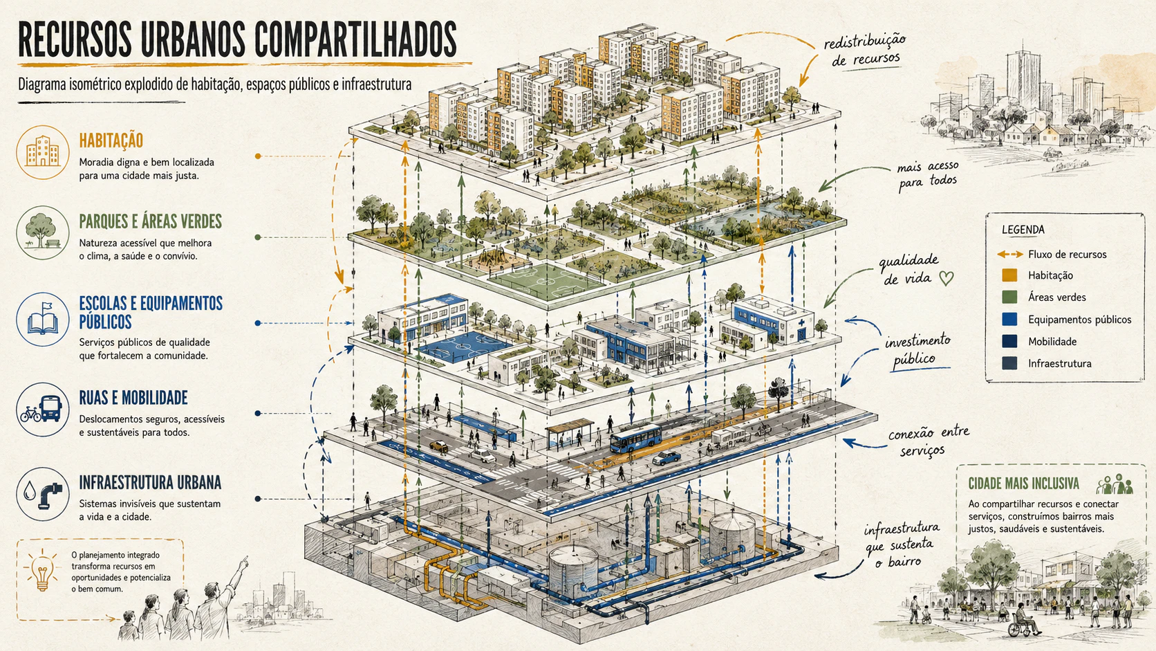 Shared urban resources: social housing, parks, green areas, schools, public facilities, urban infrastructure, mobility, and community wellbeing