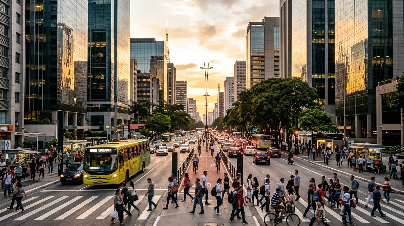 Avenida principal de grande cidade brasileira ao entardecer, com torres de alturas diferentes, canteiro arborizado, ciclovia e pedestres na travessia