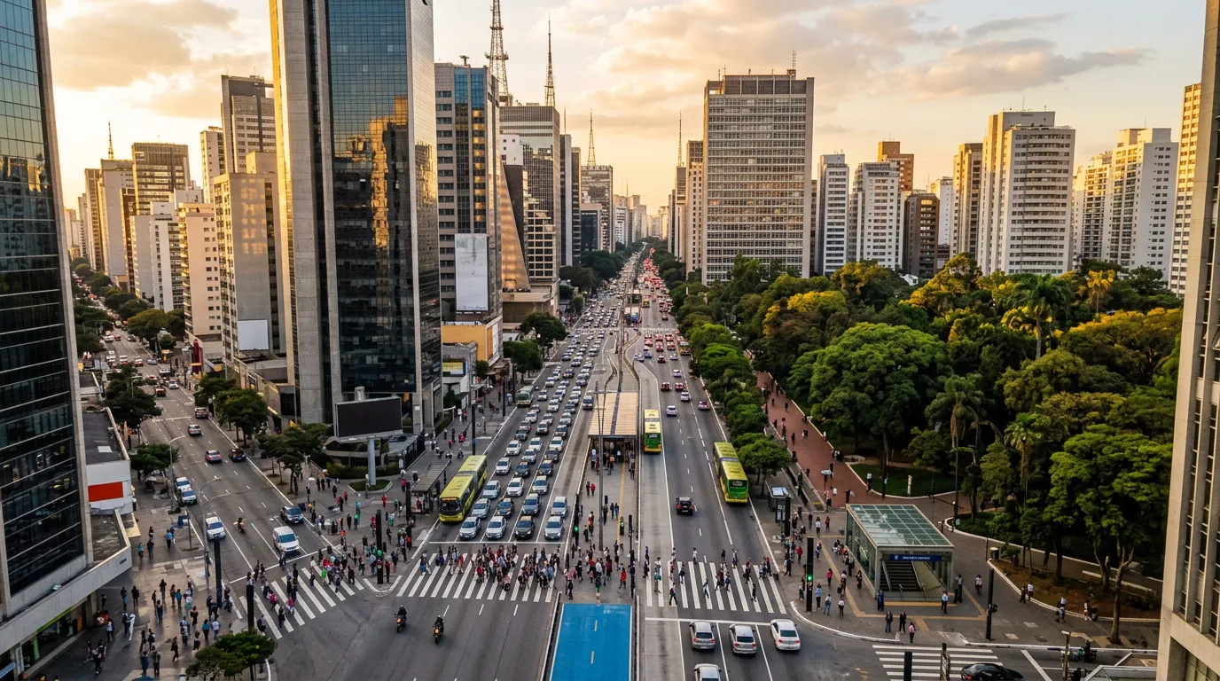 Vista aérea de eixo urbano estruturador em grande cidade brasileira, com corredor de ônibus, torres de alturas variadas, estação e parque linear ao longo da avenida