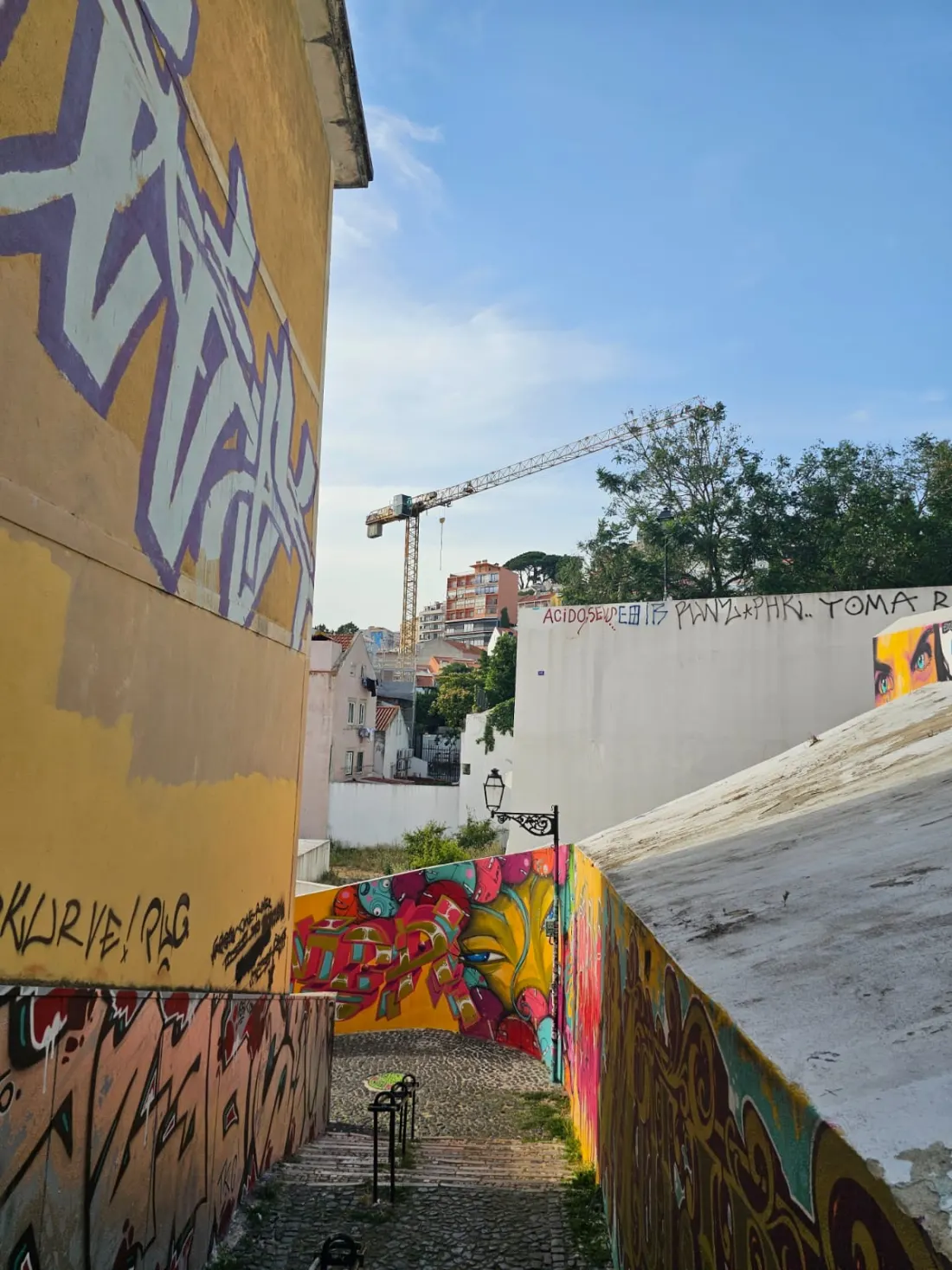Stepenišna uličica viđena odozgo, sa grafitima oslikanim slepim zidovima s obe strane i građevinskom dizalicom u pozadini, kraj Graça, Lisabon