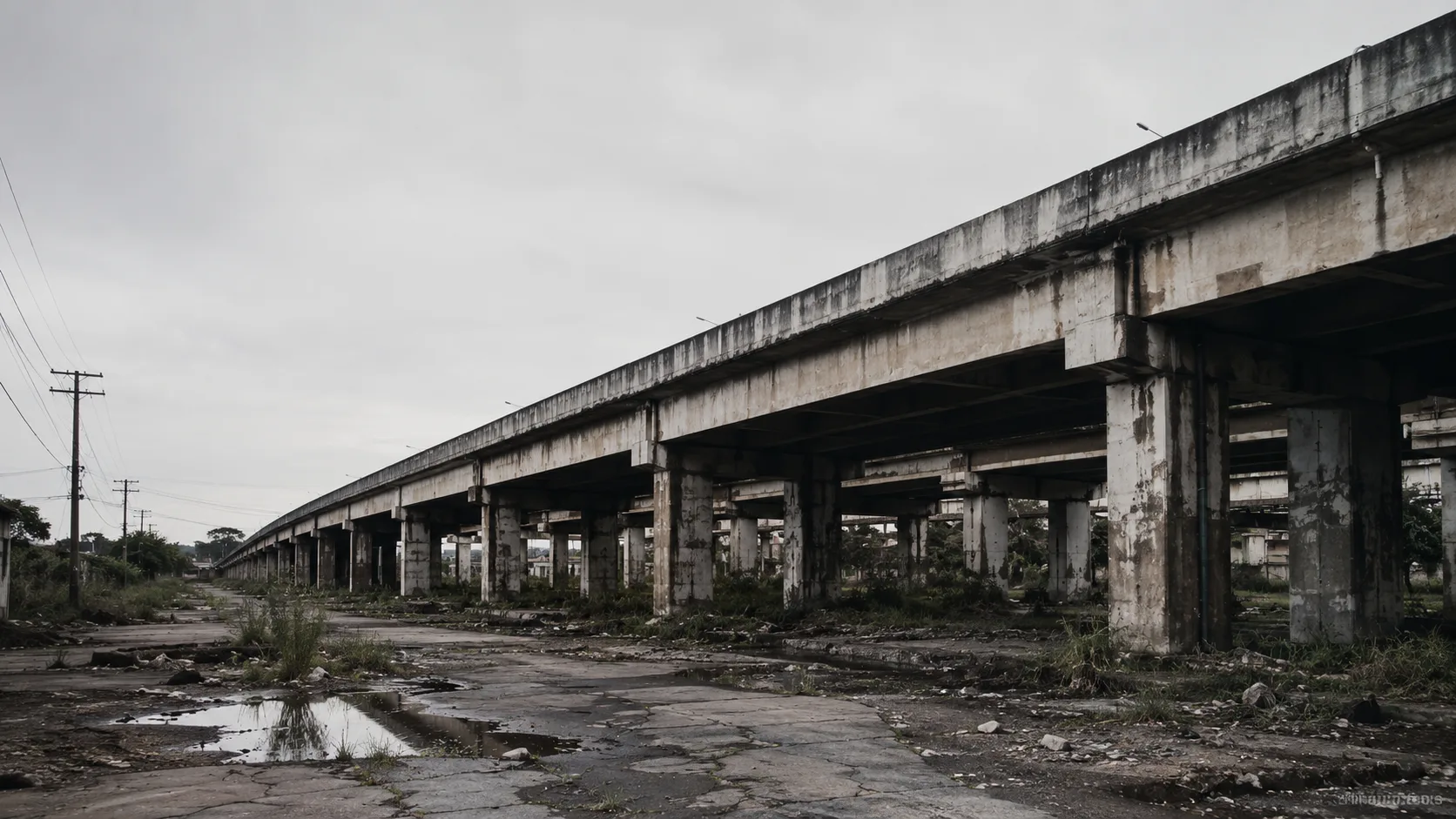 Estrutura elevada abandonada e degradada, com vegetação tomando o piso e fiação exposta, exemplo de ponto de vergonha em cidade do Sudeste do Brasil