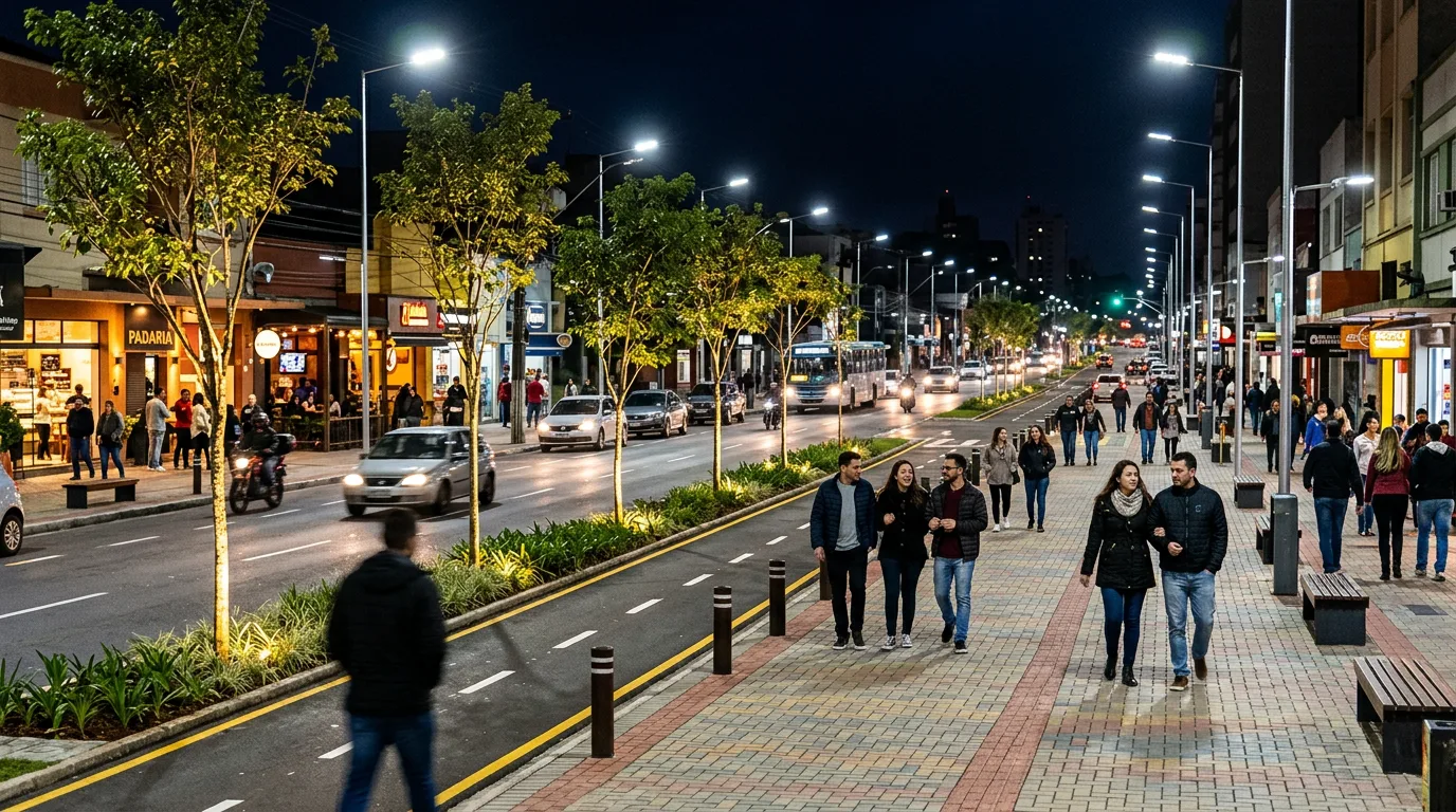 Avenida de cidade média brasileira à noite com iluminação pública em LED recém-instalada, calçada refeita, árvores iluminadas e pessoas caminhando