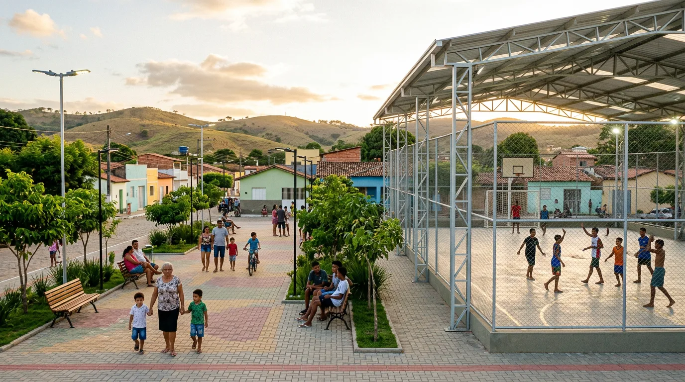 Equipamento público recém-entregue em cidade pequena brasileira no fim da tarde, com praça arborizada, quadra coberta e famílias usando o espaço