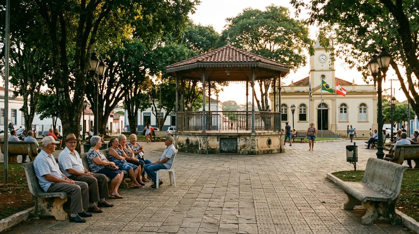 Praça pública de cidade pequena brasileira no fim da tarde, com coreto, bancos ocupados por moradores, árvores antigas e a fachada da prefeitura ao fundo