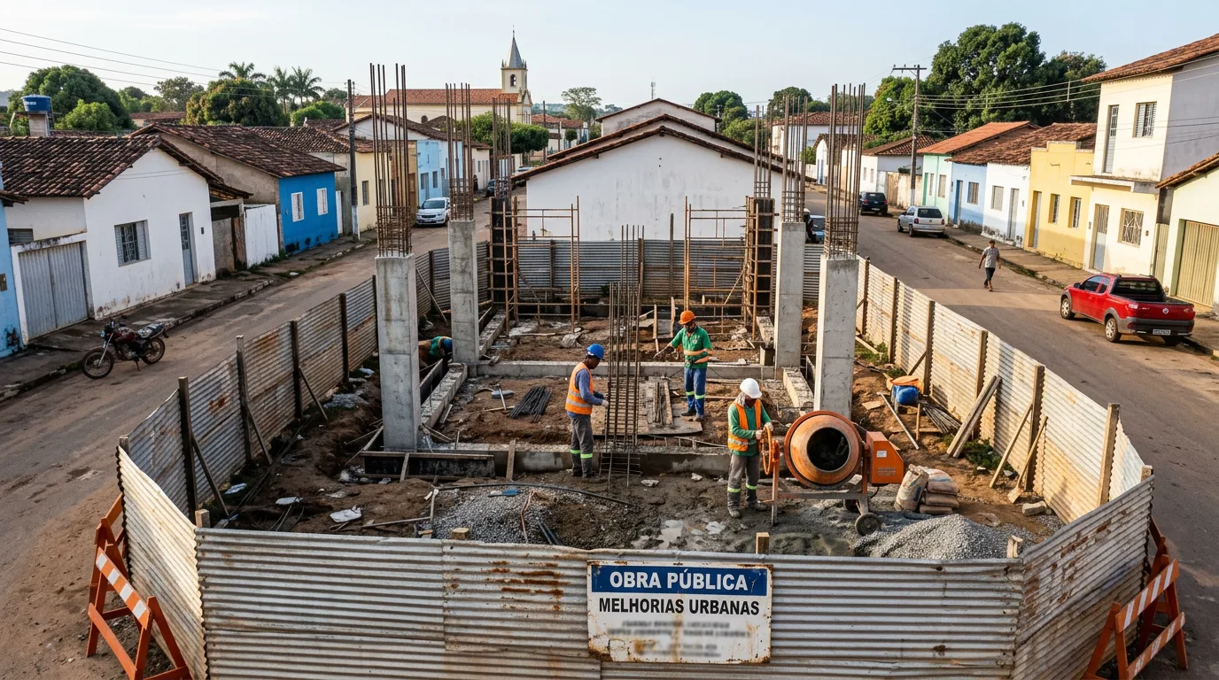 Obra pública de pequeno porte em execução em cidade do interior brasileiro, com tapume metálico e placa de obra pública, operários de capacete, pilares de concreto e ferragem exposta, casario baixo e igreja ao fundo